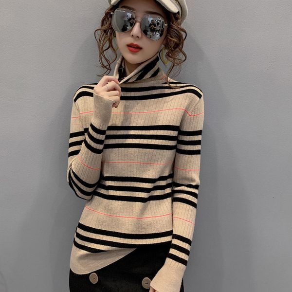 

women's sweaters striped women knitted in winter casual elastic pull o ver high female collar jumper long sleeve warm overs ladies&#039, White;black