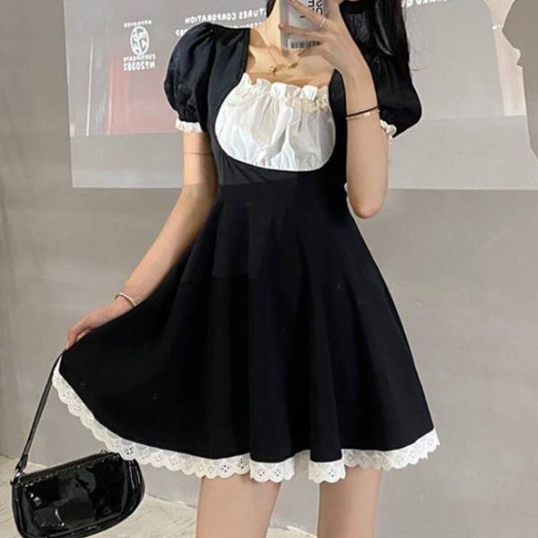 

women's maid dress kawaii cute sweet lace mini lolita outfit summer preppy style coaplay streetwear casual dresses, Black;gray