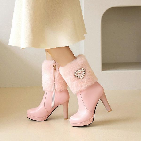 

boots ladies ankle woman warm winter snow round toe high heels platform dress wedding shoes big size 34-43, Black