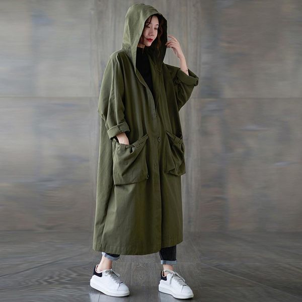 

women's trench coats #9092 vintage cotton linen coat for women autumn winter oversized windbreaker ladies retro loose hooded long, Tan;black