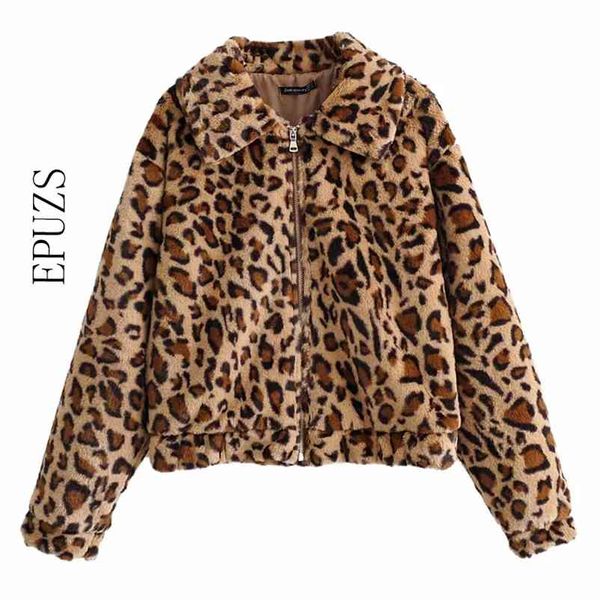 Vintage Leopardenmantel Frauen pelzige Teddyjacke Kunstpelz warme Oberbekleidung koreanische Mode Streetwear Winter 210521