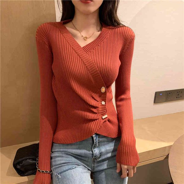 

women's t-shirt womens v neck wrap slim knit irregular rib knitted buttons short casual sweater irf2, White