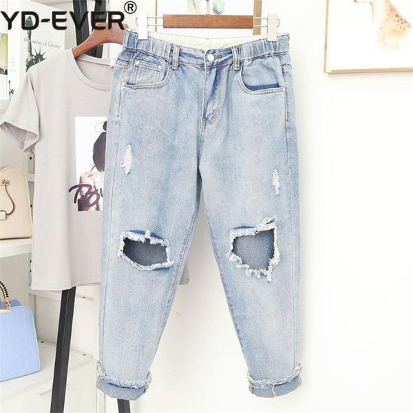 

women's jeans 2021 5xl denim women with high waist ripped holes harem pants boyfriend female vintage streetwear loose mom q1, Blue