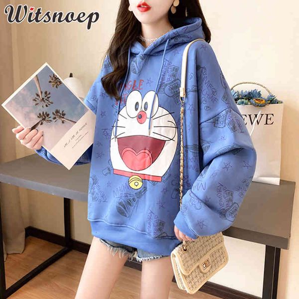 

women hoodie 2021 spring autumn oversized kawaii doraemon hoodies korean style long sleeve sweatshirt with hood female polerones woman, Black