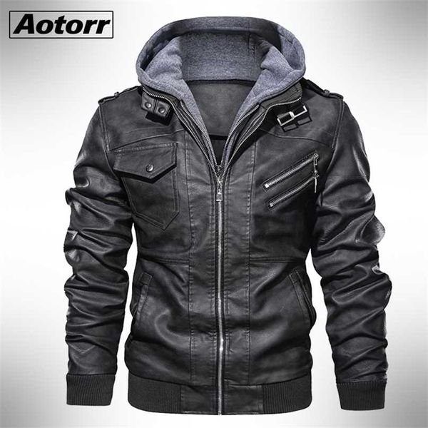 

autumn winter men's motorcycle leather jacket windbreaker hooded jackets male outwear warm biker pu jackets eu size 3xl 211008, Black