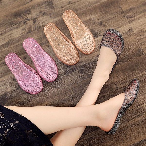 

hollow-out jelly sandals summer women home slippers casual indoor comfortable flat slides ladies bathroom woman shoes, Black