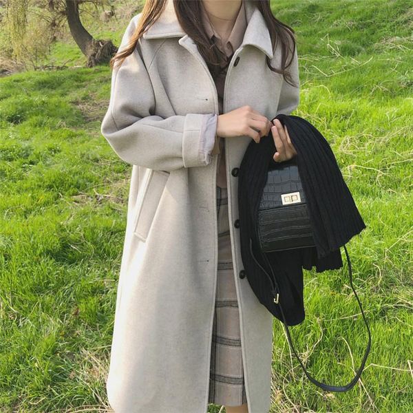 

women's wool & blends contracted single-breasted thickening leisure coat winter han edition long warm word cashmere, Black