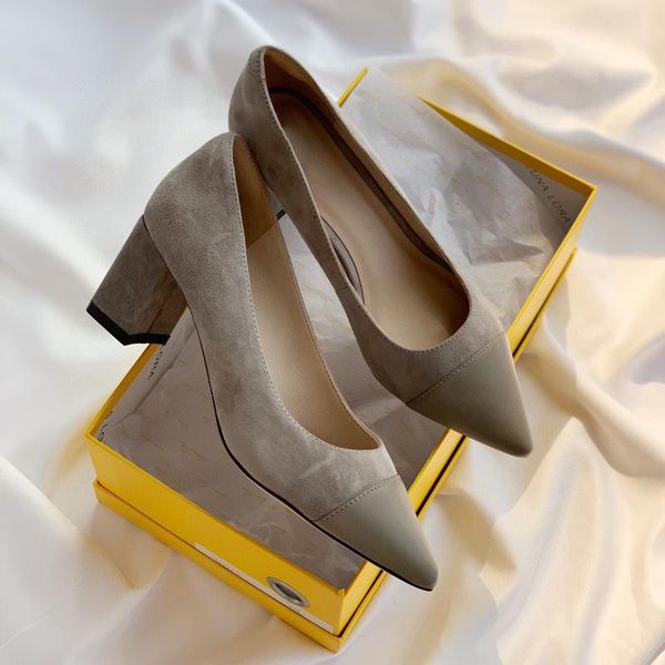 

dress shoes donna-in 2021 elegant office for lady natural kid suede splicing genuine leather 6cm thick heels pumps women, Black