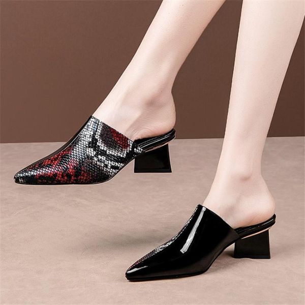 

slippers pxelena designer snake print women genuine leather mules shoes pointy toe strange heels party date 2021 summer slides, Black