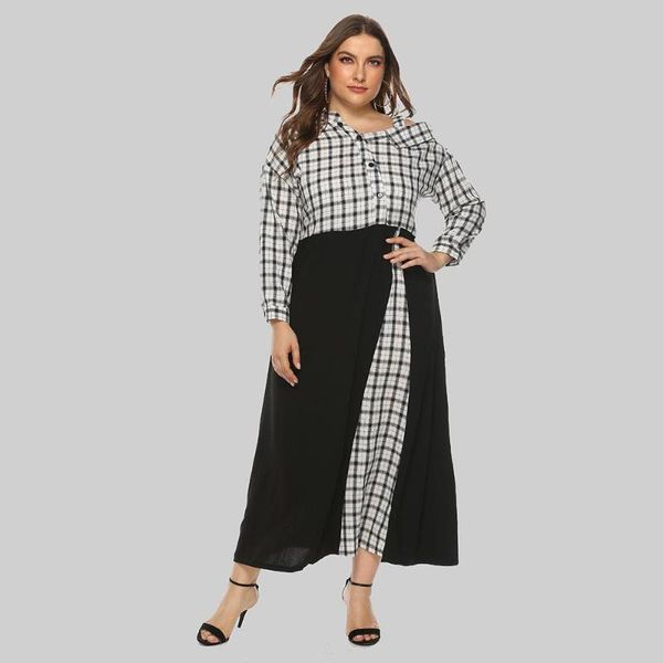 

casual dresses 2021 autumn women plus size long dress 4xl sleeve off shoulder plaid elegant office lady large maxi shirt, Black;gray