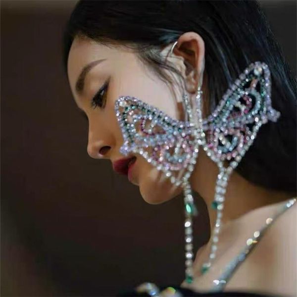 

dangle & chandelier 1 pc exaggerated colorful rhinestone big butterfly ear hook drop earrings for girl luxury crystal tassel jewelry, Silver