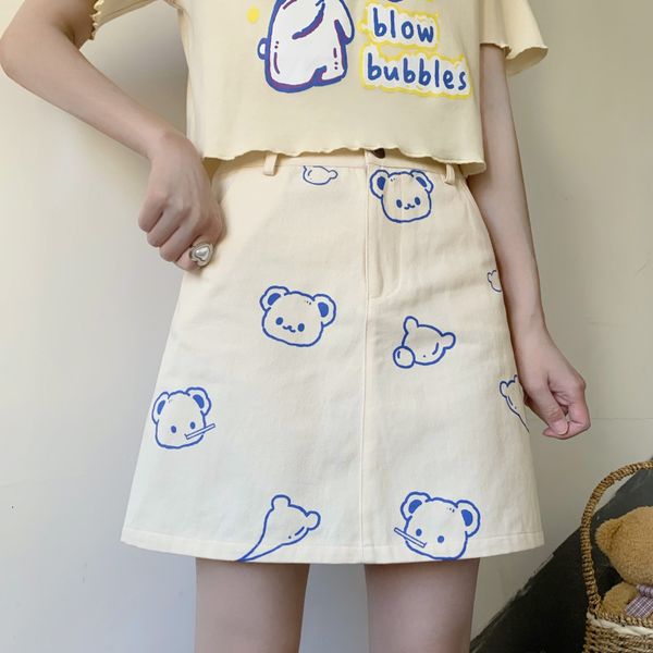 

harajuku kawaii cartoon a line mini skirt school girls summer high waist cute anime bear blue korean fashion women short skirts, Black