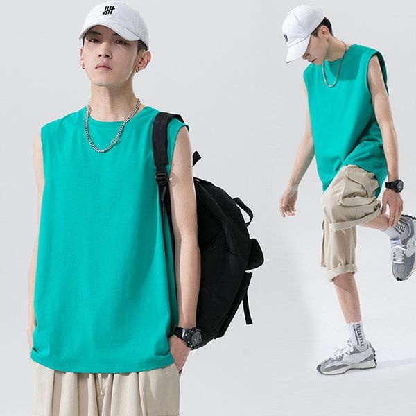 

men' tank summer korean fashion o-neck mens 100% cotton soft loose oversize sleeveless black lake green, White;black