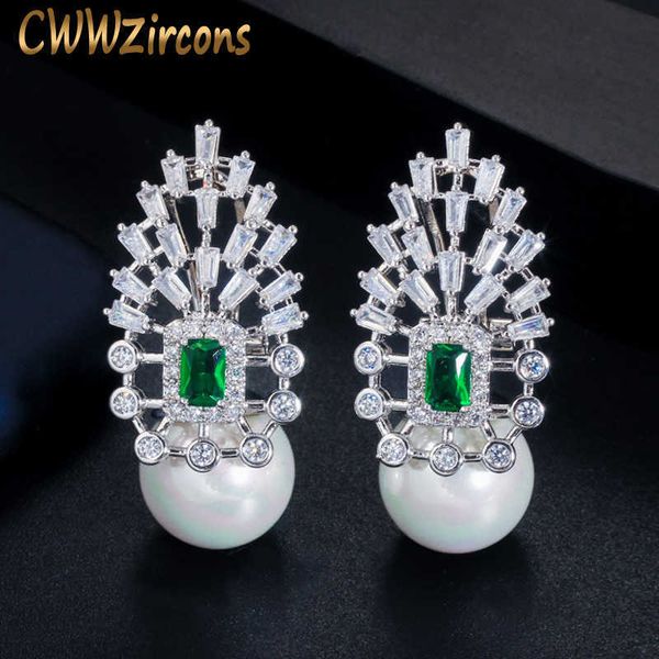 

luxury cubic zirconia pave big round drop pearl earrings for women statement wedding party jewelry cz614 210714, Silver