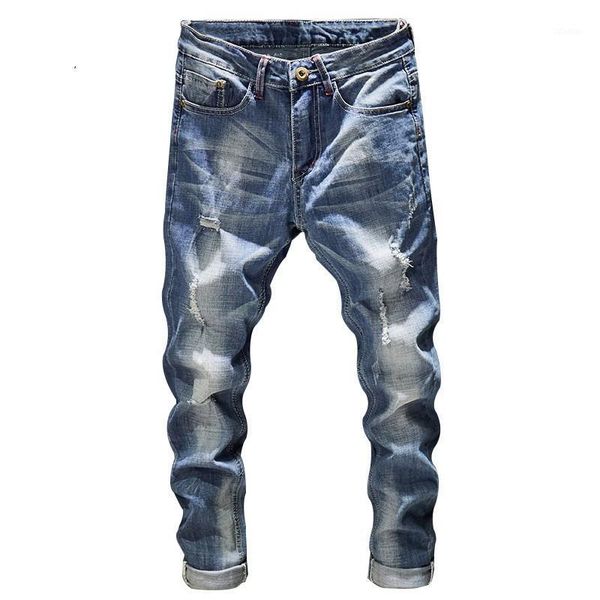

men's jeans fashion streetwear frayed hip hop distressed casual denim ripped men regular light blue stretch pants mens trousers