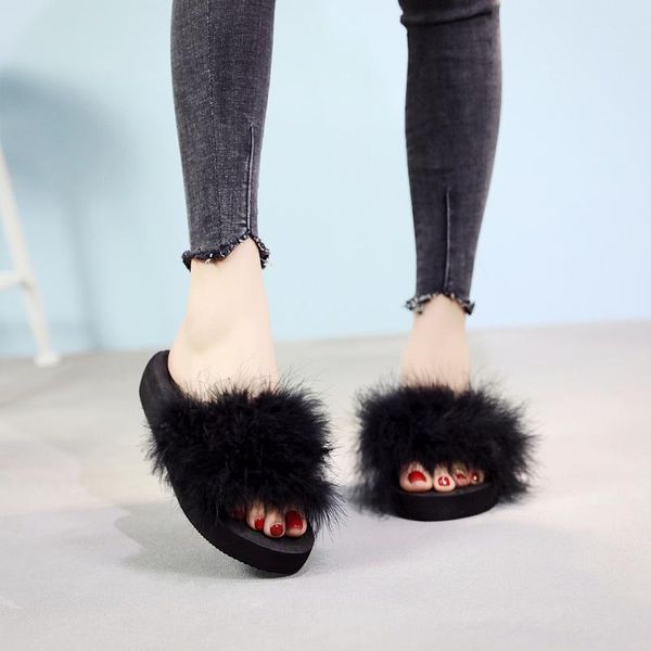 

women furry slippers ladies shoes cute plush fluffy sandals women's fur winter warm mtx70, Black