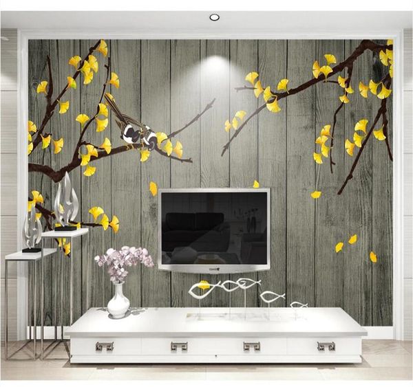 

custom mural wallpaper home decoration painting ginkgo hand-painted flowers and birds wood grain background wall wallpapers