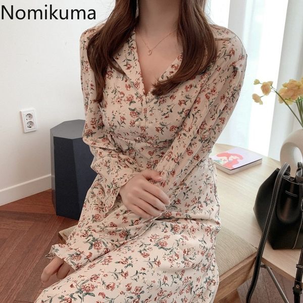 

nomikuma vestidos mujer floral printed vintage chiffon dress women long sleeve slim waist mid calf dresses korean fashion 3c655 210514, Black;gray