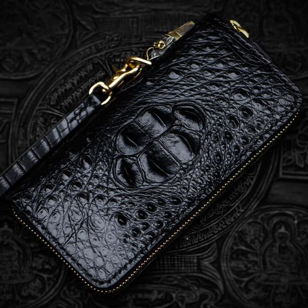 

high-grade handmade black crocodile skin skull wallets purses women men long clutch vegetable tanned leather wallet card holder, Red;black