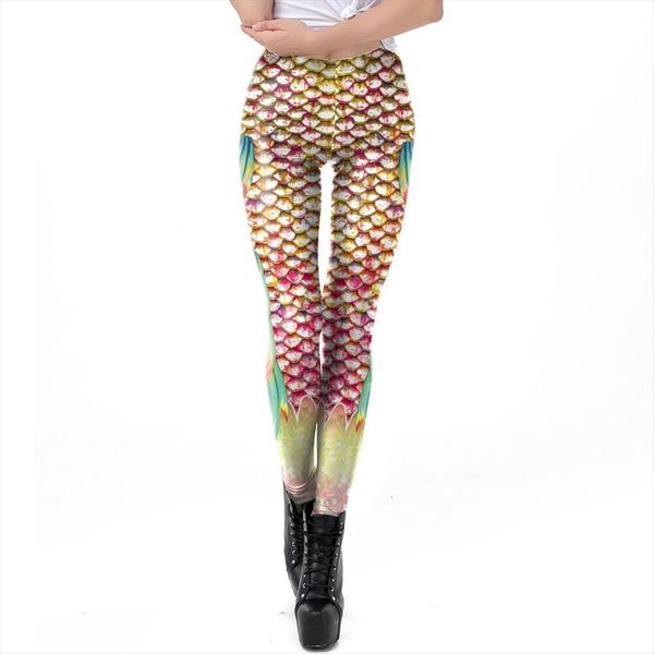 

[youre my secret] summer womens leggings ocean mermaid glitter fish scales pink 3d printing leggins sporting pants woman, Black