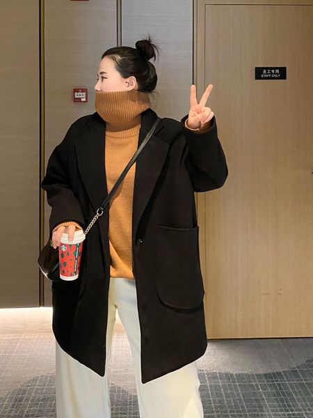 

women's wool & blends winter 2021 large plus size women slim korean woolen suit chubbiness jacket, Black