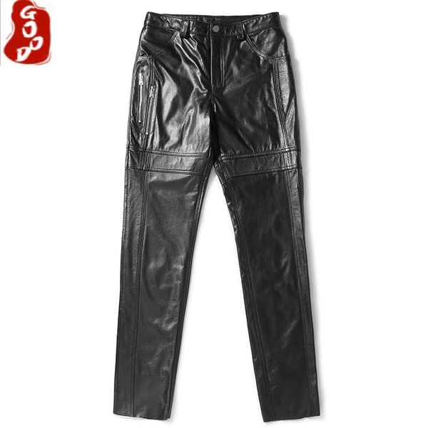 

autumn winter genuine leather pants men cowhide korean style mens trousers windbreak pantalon cuir moto lw4529 men's, Black