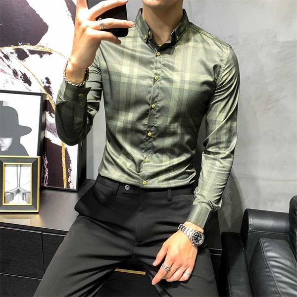 Britischer Stil Plaid Männer Hemden Casual Business Formal Dress Shirts Langarm Slim Fit Streetwear Social Bluse Chemise Homme 210527