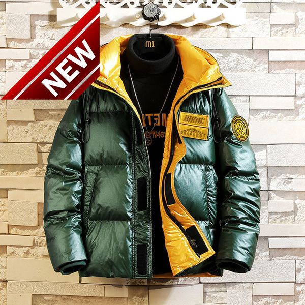 

thickened warm short bright face down jacket popular fashion trend hooded handsome winter coat for male students, Black