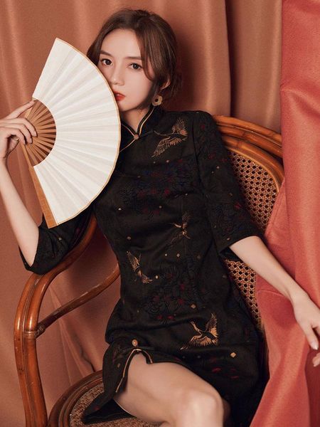 

ethnic clothing oriental dress large size black short cheongsam mid sleeve cheongsams china chinese traditional, Red