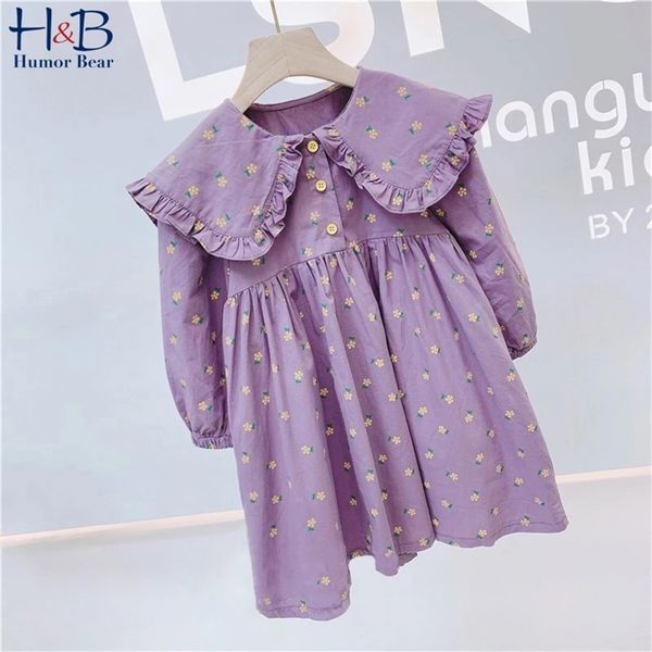 Humor Bear Girls Dress Lovely Princess Primavera Autunno Cuciture Foglia di loto Risvolto Manica lunga Bambini Bambini 220309