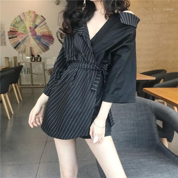 

womens and blouses sashes v-neck patchwork streetwear style spring autumn off shoulder blusas mujer de moda ladies women's & shirts, White