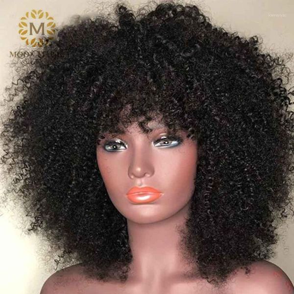 

bang wig human hair mongolian afro kinky curly with bangs deep part lace front wigs fringe 150%1, Black;brown