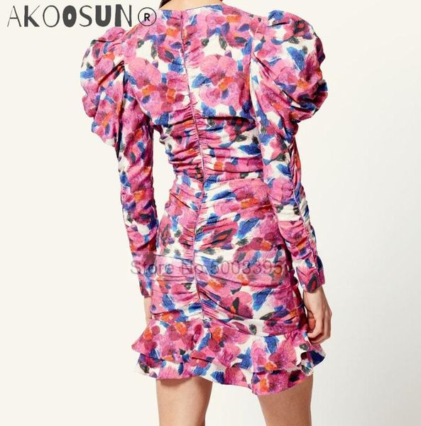 

casual dresses 2021ss woman floral bloom print viscose blend mini dress v-neck long puff sleeves cinched pleats detail fashion shorts, Black;gray