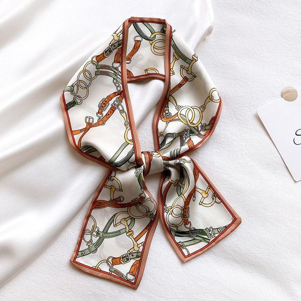 

spring and autumn summer luxury chain small silk scarf fashion female decorative headband thin tied bag scarves, Blue;gray