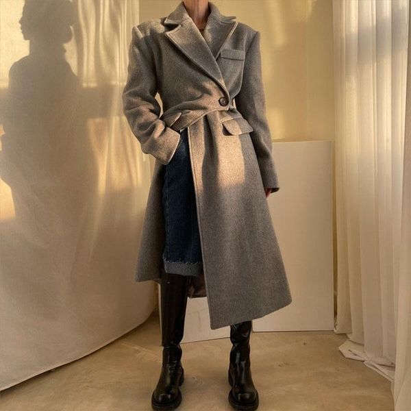 

women's wool & blends casual fashion women autumn and winter lapel one grain buckle waist design loose irregular woolen coat female u22, Black