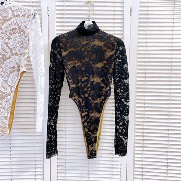 

spring arrivals stand collar long sleeve lace open back up slim bodysuits mz650 210525, Black;white