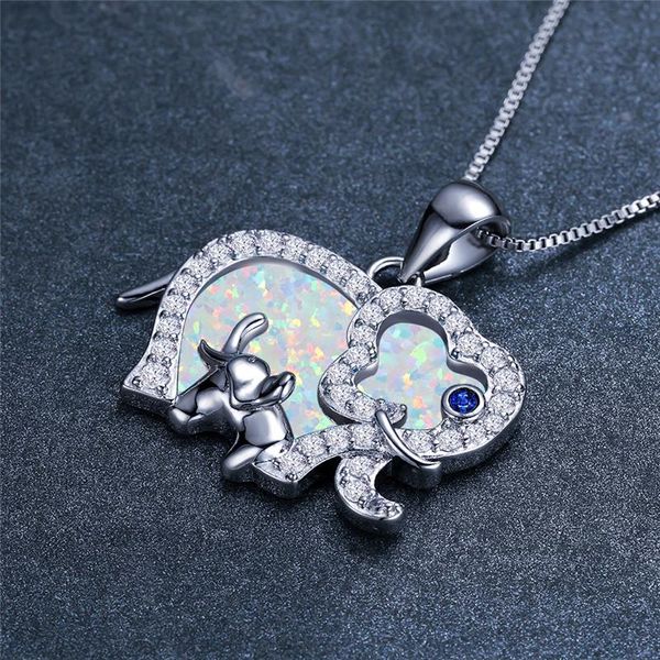 Anhänger Halsketten Schöne Tier Elefant Halskette Luxus Weiß Blau Opal Für Frauen Hochzeit Rose Gold Silber Farbe Kette