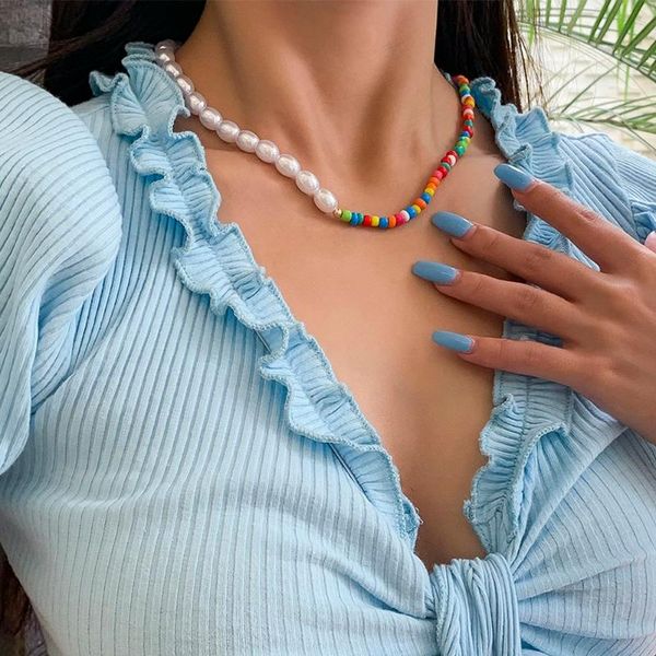 

chokers lacteo 2 style bohemian rainbow beeds asymmetric imitation pearls chain choker necklace fashion soft pottery resin, Golden;silver