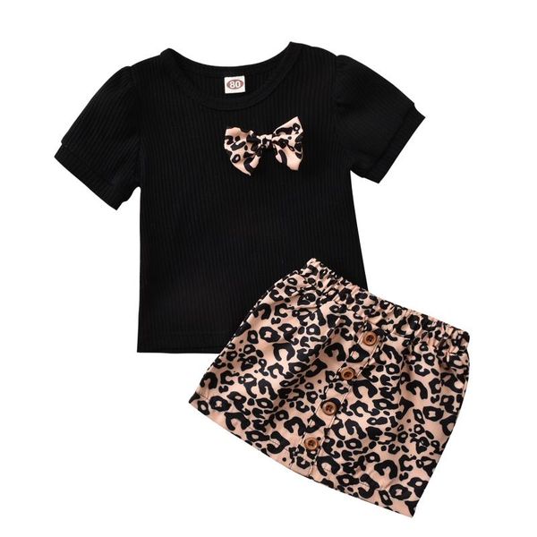 

baby girl summer clothing short sleeves round neck t-shirt + leopard print bow decoration elastic waist skirt outfits sets, White
