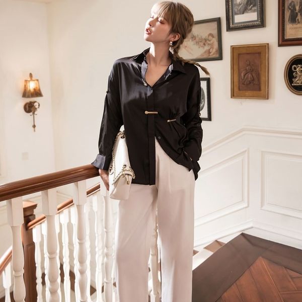

women's two piece pants black pin long sleeve blouse satin button up collar korean shirt fall women streetwear fashion clothin, White