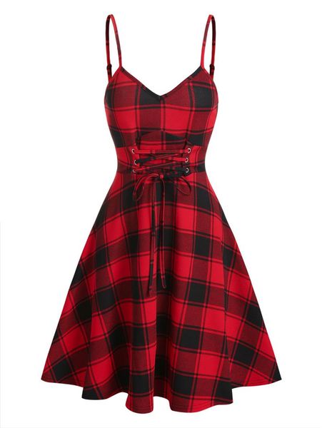

women red checks lace up retro dress plus size vintage high waist 60s rockabilly swing casual ladies vestidos 3xl dresses, Black;gray