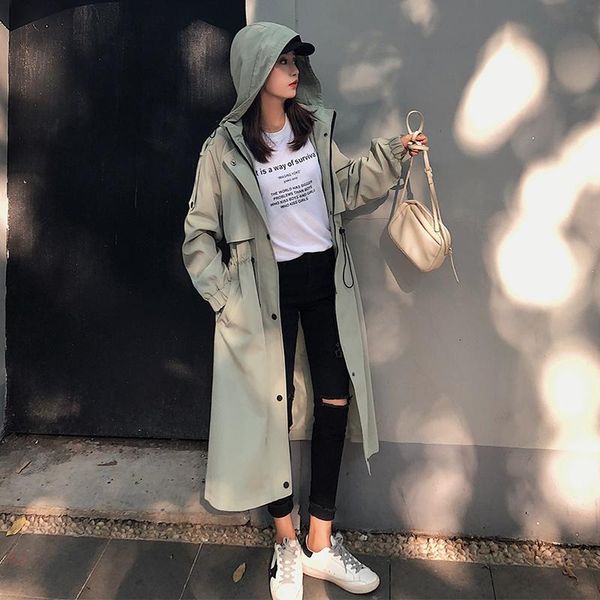 

women's trench coats fashion womens hooded long adjustable waist spring autumn windproof lady female casual clothes red white green, Tan;black