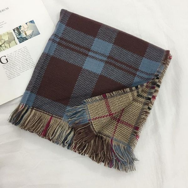 

scarves dongmen grid scarf women autumn and winter hundred with thick warm imitation cashmere double-sided shawl, Blue;gray