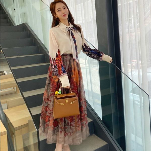 

lantern sleeve bow tie printing floral shirt +high waist print mesh midi skirts women elegant 2 piece set qv940 210510, White