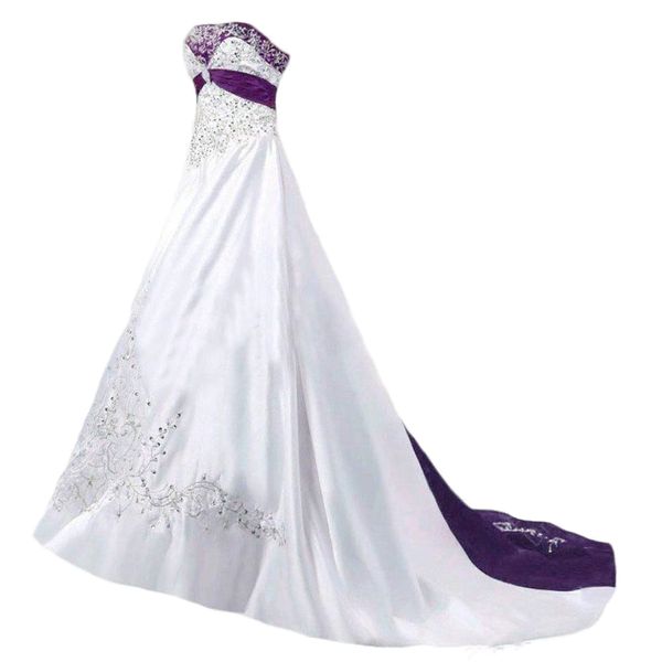 Bordado elegante Uma linha vestidos de casamento vestidos nupciais longos 2022 vintage roxo Borgonha e cetim branco strapless plus size vestido de noiva sem mangas