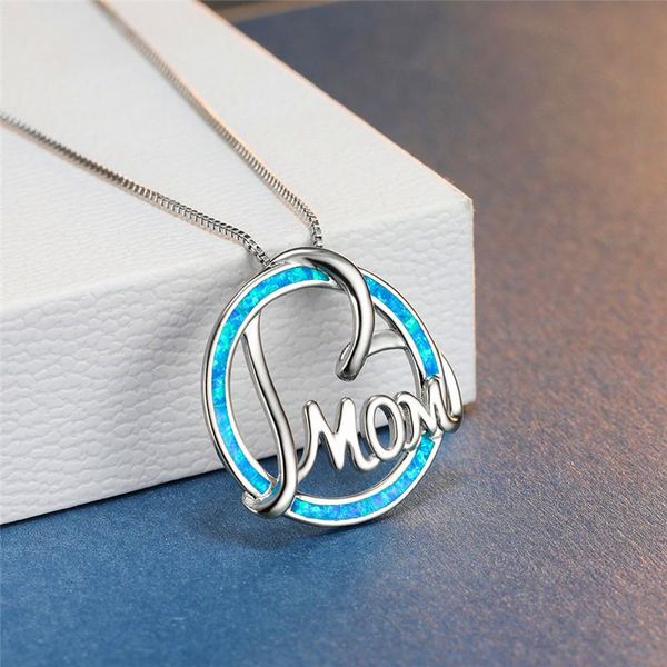 

pendant necklaces classic letter mom blue/white fire opal for women white gold round circle pendants necklace mother's day gifts, Silver