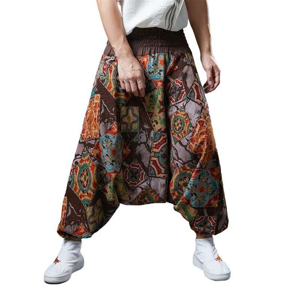 

men's pants casual linen and cotton floral prints big crotch for or women's, Black