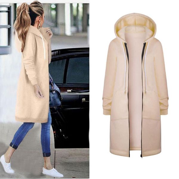 

women's trench coats fashion long warm hooded solid color windbreaker women zipper hoodies sweatshirt coat jacket outwear korean versio, Tan;black