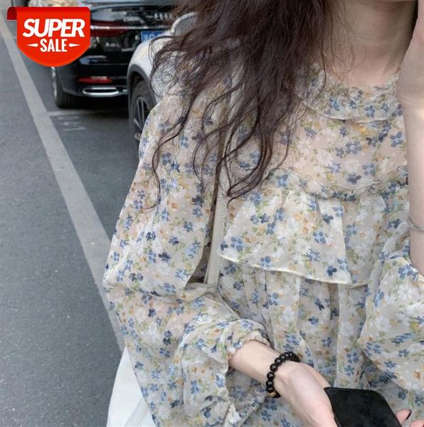 

wasei water bingbing fashion fresh shirt korean style ruffled floral chiffon #7961, Black;gray
