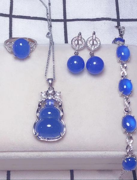 

natural genuine gemstone blue chalcedony inlay 925 silver pendant bracelet earrings ring four-piece set, Black